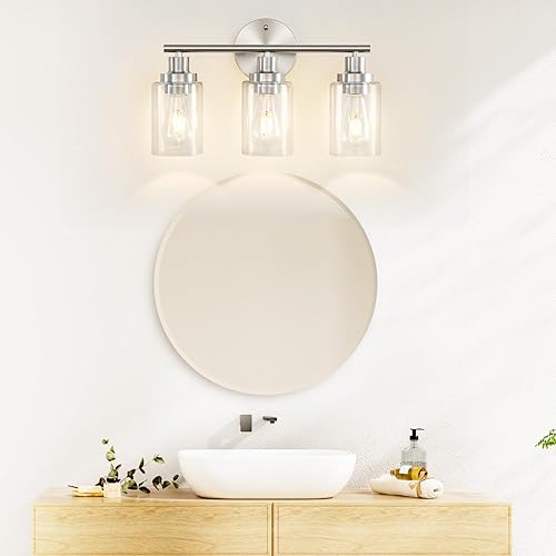 Miniatura 2 de Apenath Lámpara de pared de tocador, moderna lámpara de pared de 3 luces con pantalla de vidrio transparente, lámpara de pared de granja de níquel