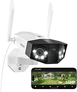 Reolink 16MP Telecamera WiFi Esterno 180°, WiFi 6 Dual-Band 2,4/5GHz, Rilevamento Persona/Veicolo/Animali/Movimento, Visione Notturna con Faretti, Registrazione 24/7, Archiviazione Locale, Duo 3 WiFi