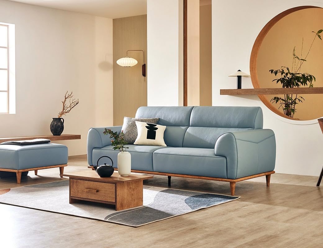 Fabrique Palladium Leatherette Luxury 3 Seater with Puffy Sofa Set | Premium Standard & Comfortable Furniture Perfect for Home Guests Office & Living Room | Stainless Steel Legs | Light Blue-image-29