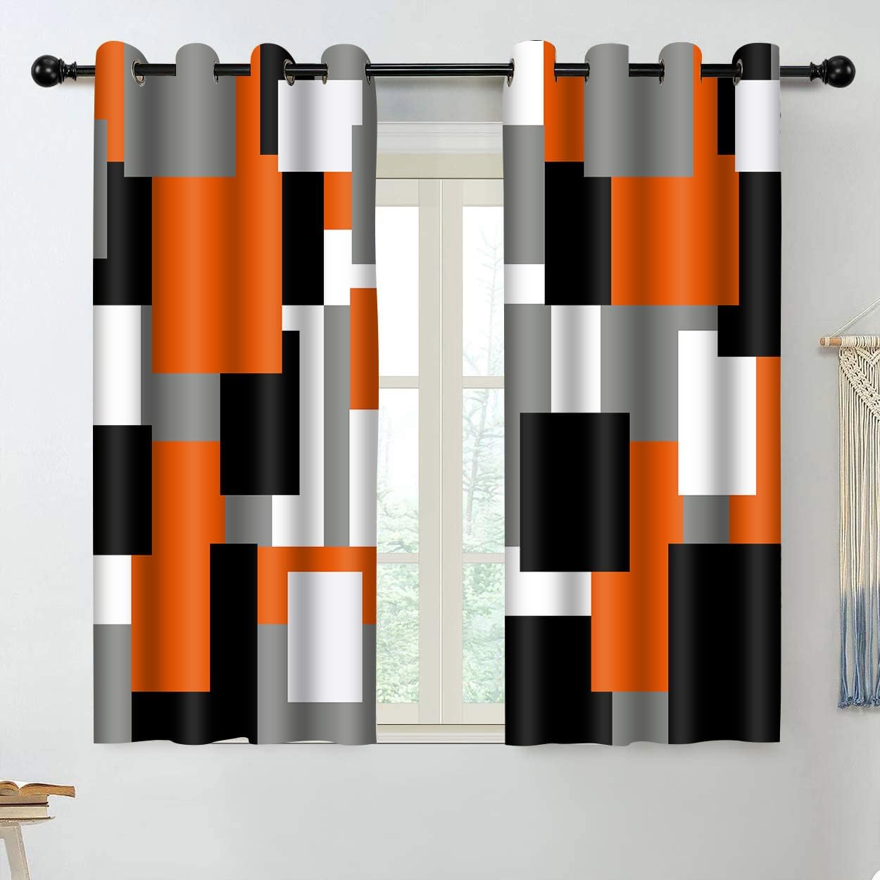 BSPPTI Orange Black Geometric Curtains for Bedroom 52x63inch Modern Abstract Blackout Curtains Insulated Room Darkening Window Drapes for Living Room 2 Panels