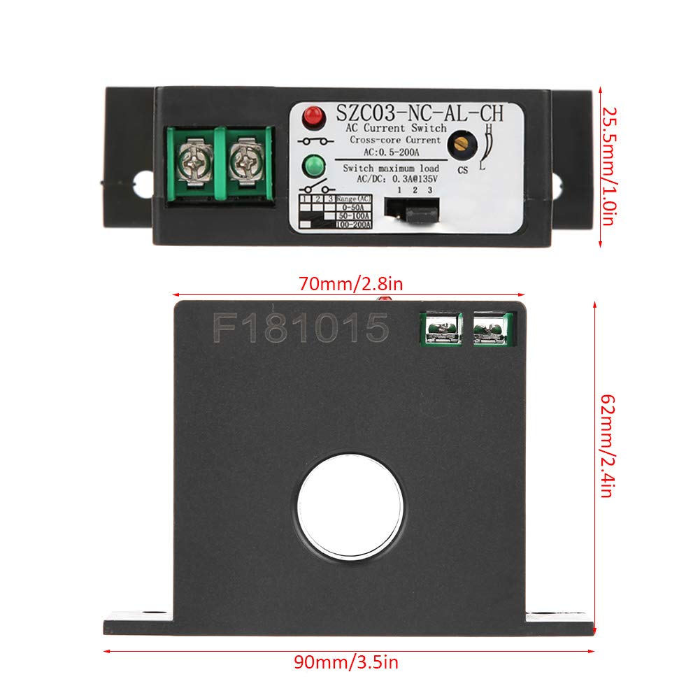 Current Sensing Switch,Normally Closed Current Sensing Relay Adjustable AC Current Sensing Switch for Flash Buzzer Relay for Automated Industrial Equipment,0.5-200A SZC03-NC-AL-CH