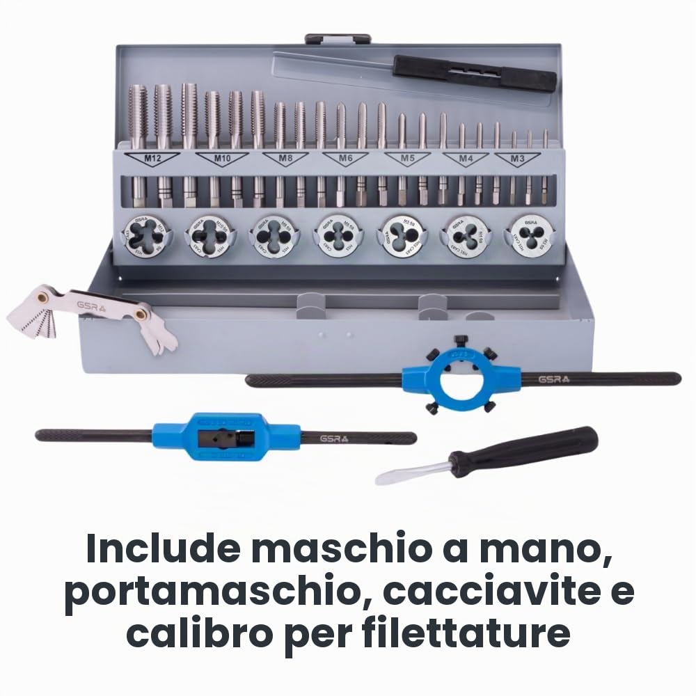 GSR Set maschi e filiere GSR M3–M12 – Kit professionale 32 pezzi HSS-G con maschi a mano, filiere tonde, giramaschi regolabile, portafiliere, calibro filettature e valigetta in metallo