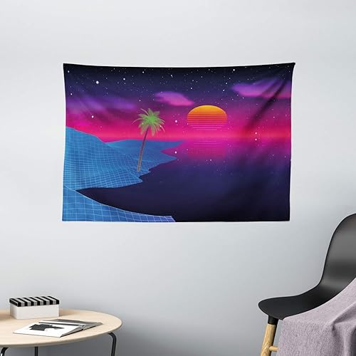 Miniatura 2 de Ambesonne Synthwave Tapestry, Colorful Abstract Retrowave Beach with Palm and Dusk Sun Video Game, Wide Wall Hanging for Bedroom Living Room Dorm