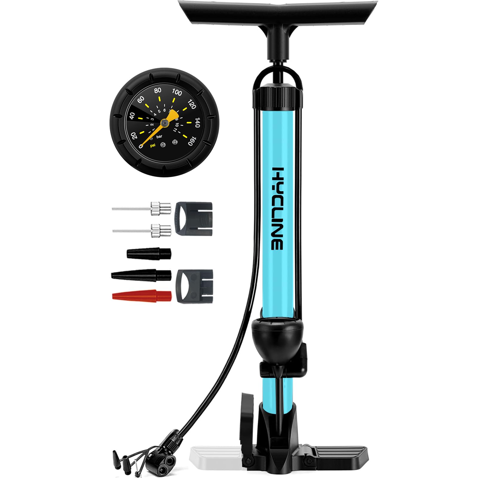 Hycline Bike Floor Pump with Gauge - 160 PSI High Pressure Bicycle Pumps - Durable Air Pump Fits Presta & Schrader Valve - Inflator for Road MTB Tire, Ball, Balloon, Inflatables - Blue