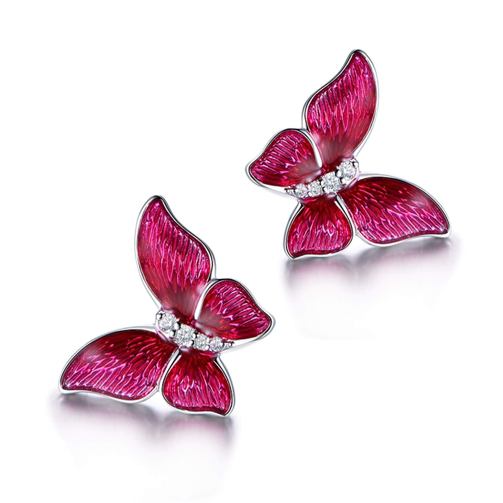 Diamant-Ohrringe für Damen, Ohrringe aus 18-karätigem Weißgold mit Emaille-Schmetterling und Diamant-Ohrringen