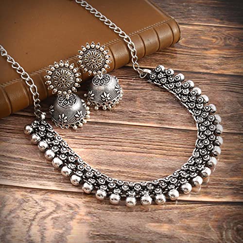 Image of HANIYA Jewellery Set for Women Oxidised Silver Tradtional Necklace Jewellery Set with Earrings