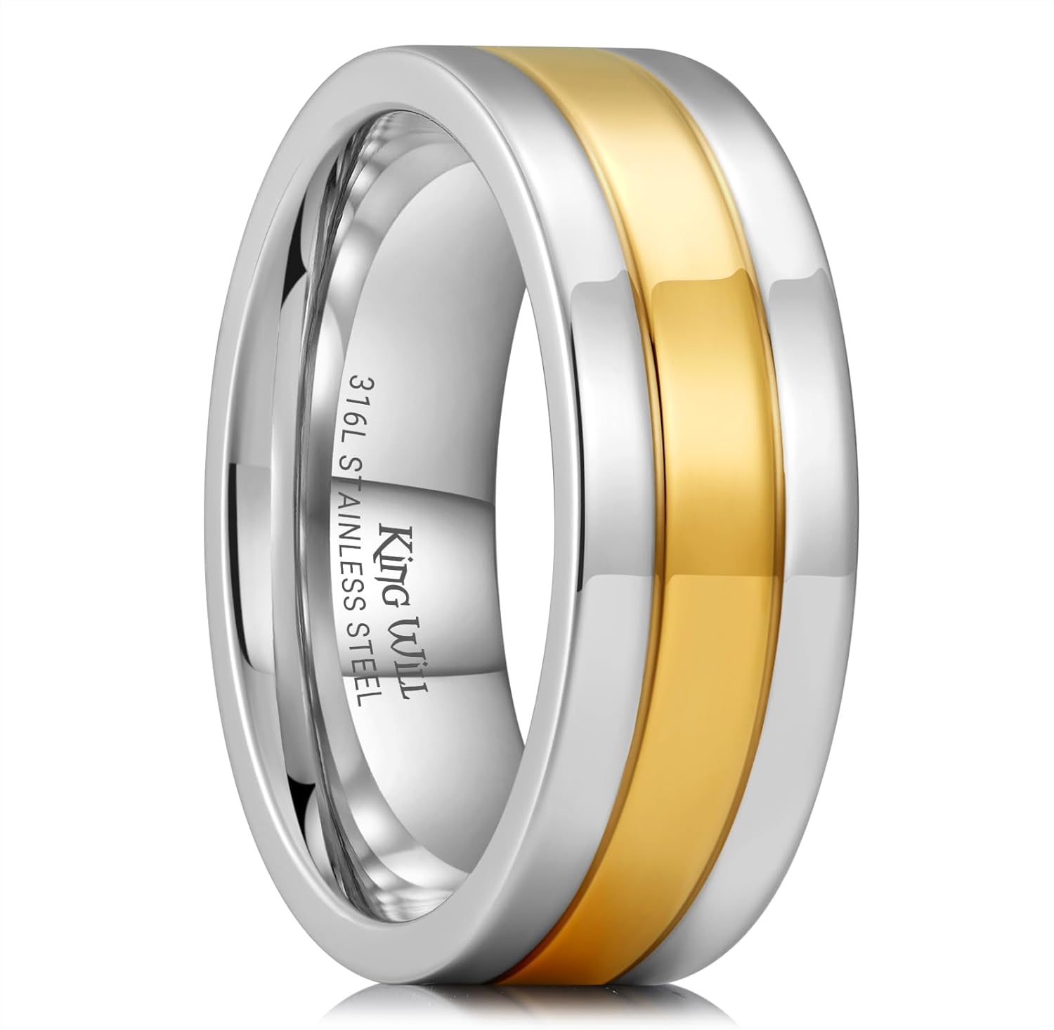 King Will 316L Stainless Steel Men's Wedding Band – 6/8 mm Dual-Tone Wedding Ring Polished Finish with Gold/Black Steel Plating, Fashionable and Durable Stainless Steel Men's Ring Size 7-14