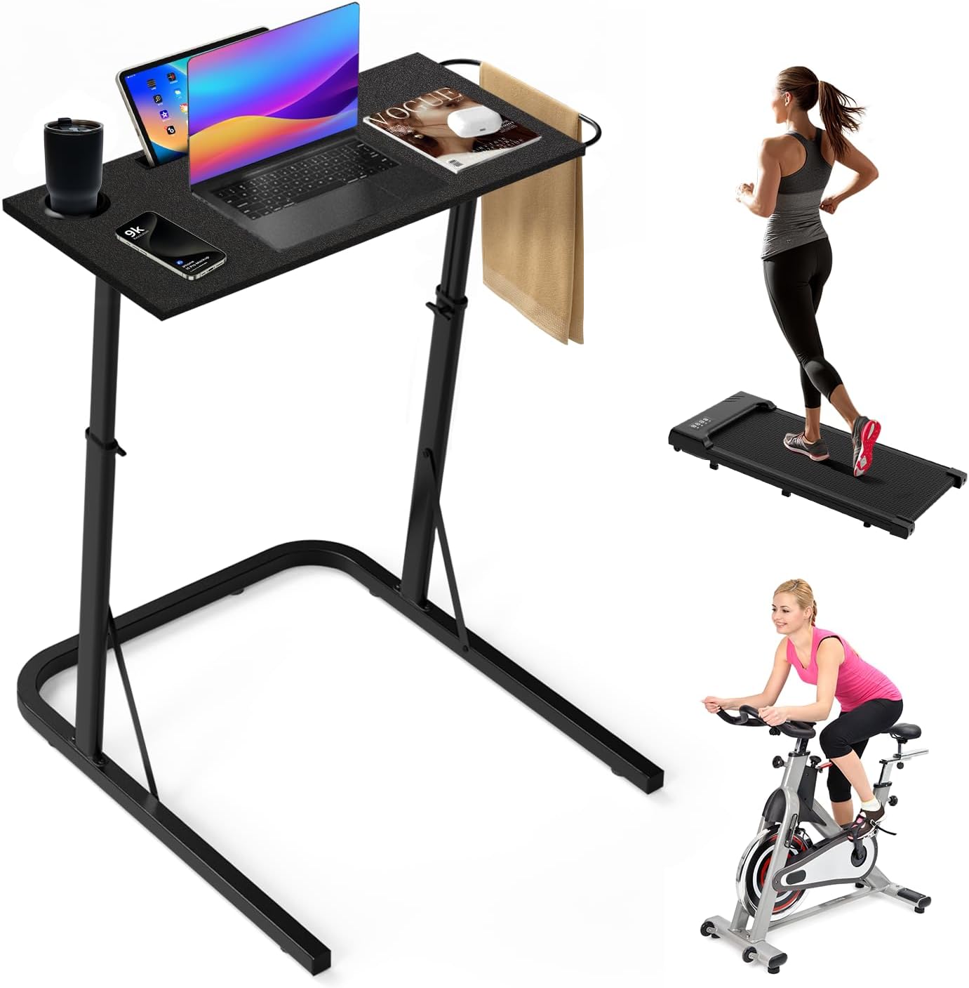 Treadmill Desk Small Adjustable Height Standing Desk for Walking Pad, Trainer Stand Table for Indoor Bike, 32/47 Inch Portable Bar for Treadmill Walking Pad Spin Bike Exercise Equipment Black