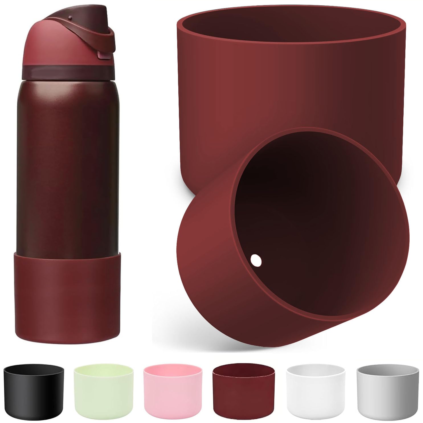 2PCS Silicone Boot for Owala Water Bottle 32 oz 24 oz, Anti-Slip Protective Sleeve Bottom Bumper Accessories forOwala, Sleeve Cover for Owala FreeSip Water Bottles Accessories, 32 oz, Black Cherry