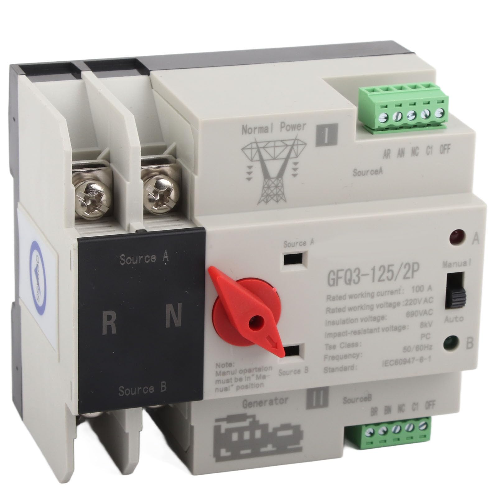 FTVOGUE Interruttore di Trasferimento Automatico WiFi, 2P 100A, Doppia Alimentazione 110V, Controllo Generatore con Relè, Grado PC, Frequenza 50/60 Hz