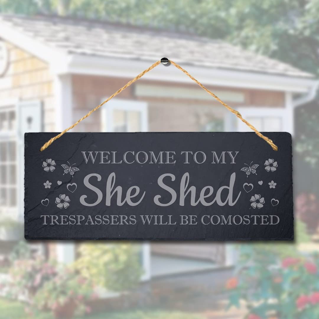 Stukk Welcome Trespassers Laser Hanging Shed Sign, Natural Engraved Slate Stone Plaque, 30x12cm (Large)