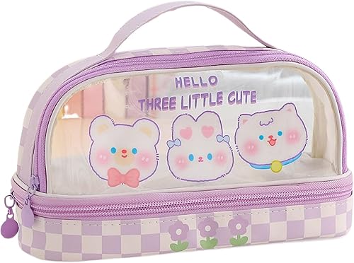 JHTPSLR Estuche para lápices Kawaii grande con correa de doble capa, transparente, impermeable, lindo, estuche para lápices, bolsas para bolígrafos,