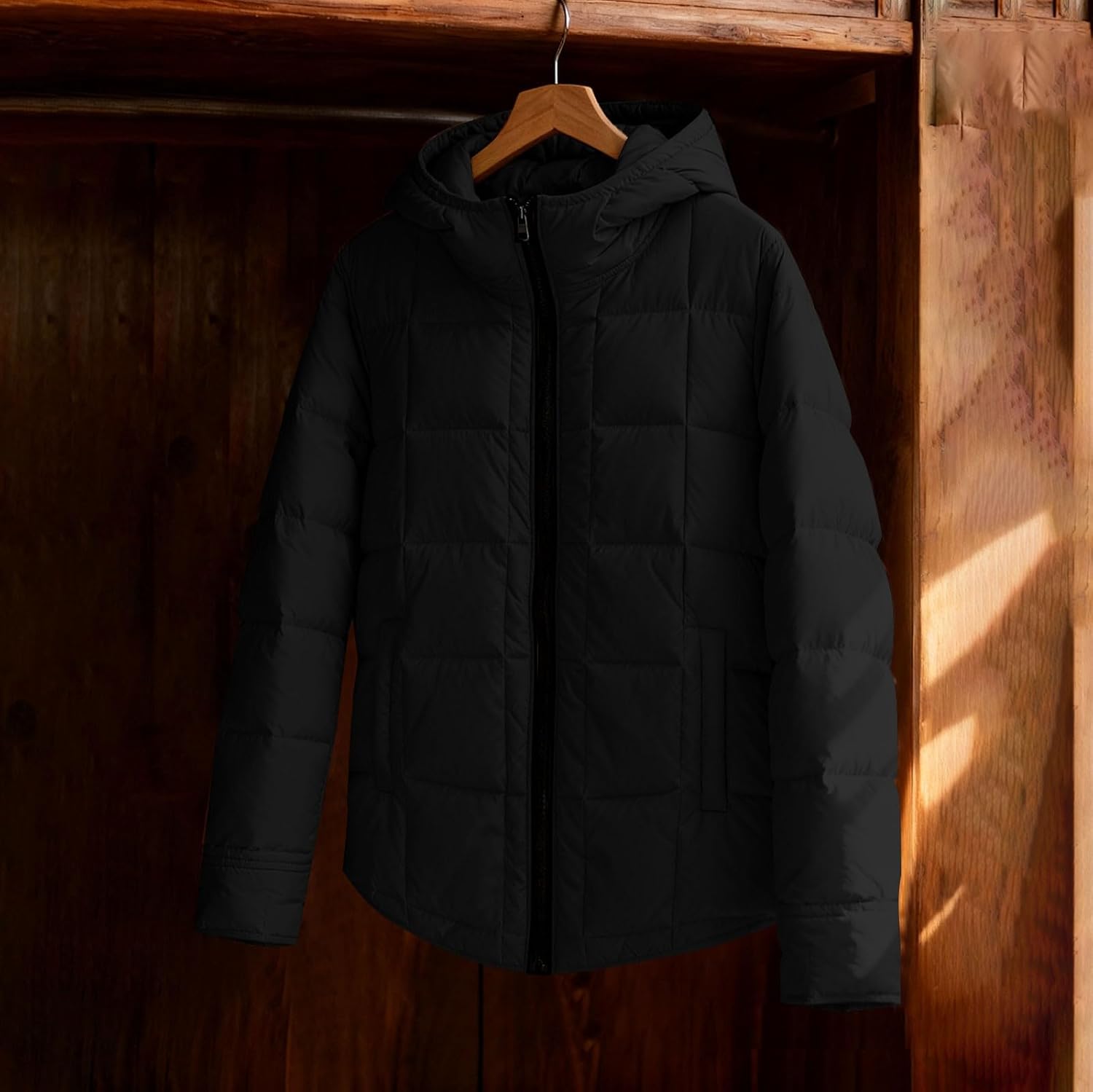 Mens Fashion Puffer Jacket Lightweight Zip Up Long Sleeve Cropped Down Coat Hooded Streetwear Winter Top with Pocket