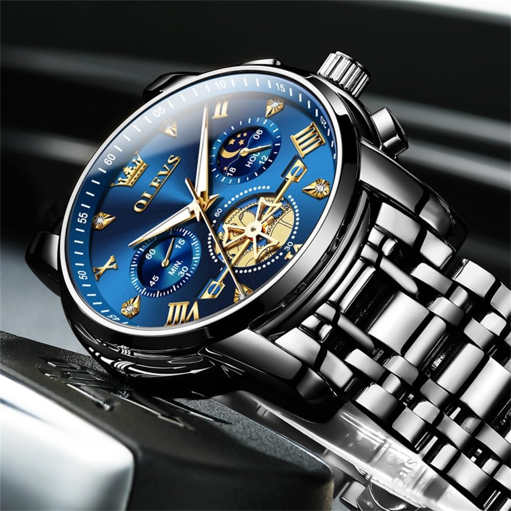 OLEVS Watches Men Stainless Steel Chronograph Watch Luxury Big Face Man Dress Watches Waterproof Roman Numeral Analog Quartz Men Wrist Watch Diamond Relojes para Hombre(Silver/Black/Gold/Red/Blue) - Image 8