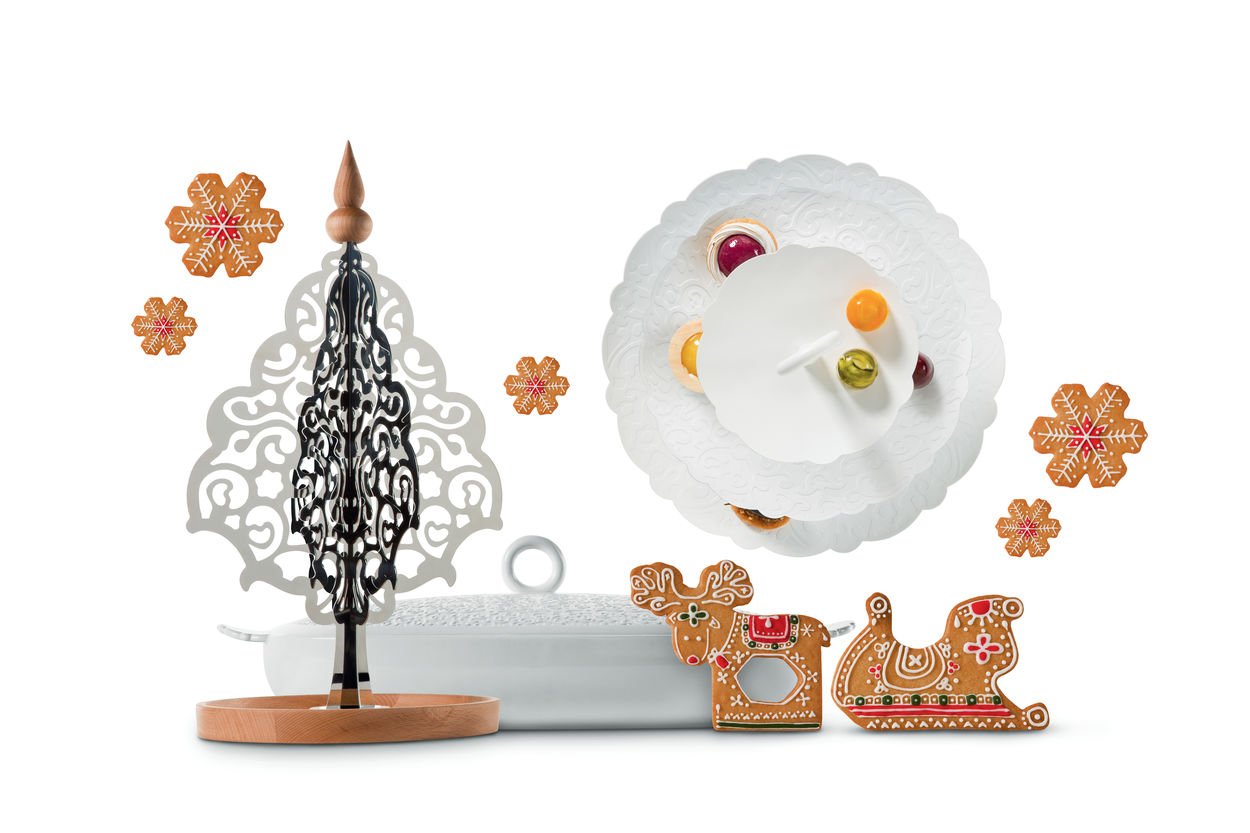 Alessi MW51 Dressed for X-Mas Weihnachtsdekoration aus Edelstahl 18/10 und Buchenholz, Silber, 27 x 48 x 27 cm