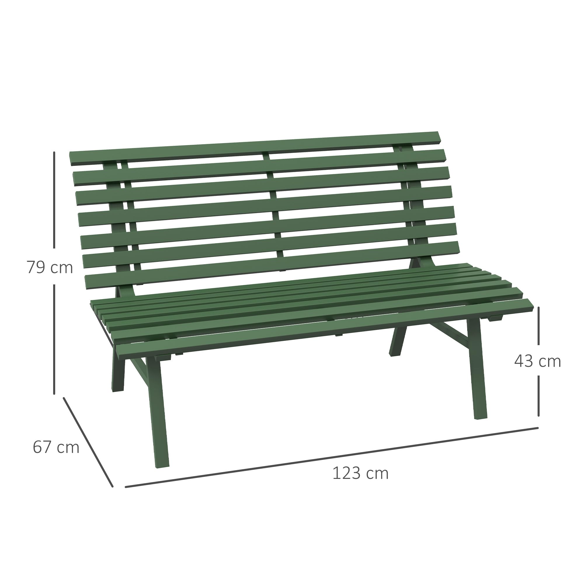 Outsunny Banc de Jardin Banquette extérieur 2 Places Assise Dossier à Lattes, en Aluminium, dim. 123L x 67l x 79H cm, Vert