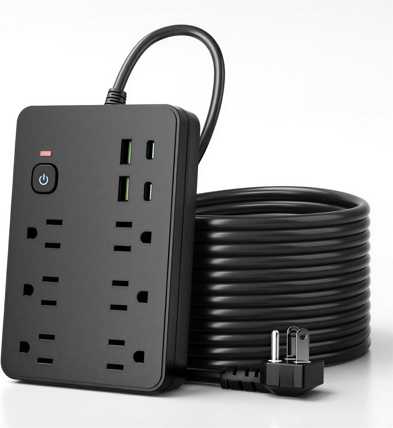 10 in 1 Flat Plug Power Strip, 6 Multiple AC Outlets with 4 USB Ports (2 USB C), 1.8M Extension Cord, One Touch Switch Button (1250W/10A), Black