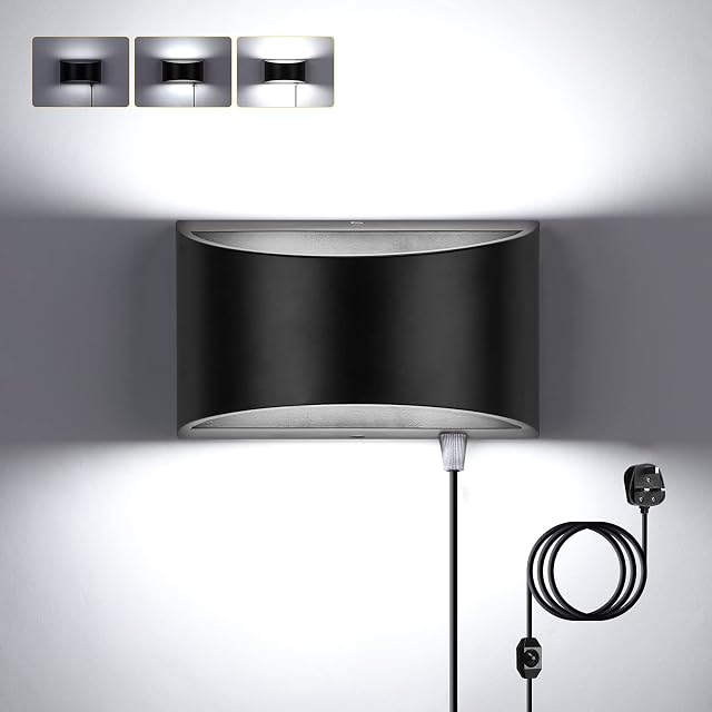 Glighone LED Wall Lights Indoor Up Down Wall Lamp Dimmable Uplighter Downlighter Black 12W with Switch & Plug Wall Lighting for Living Room Bedroom Hallway Stair, Cool White(2 COB Lamp Beads Include)