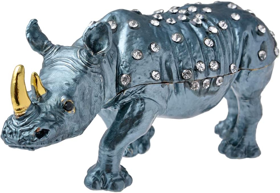 Golden Jeweled Enameled Rhinoceros Jewelry Box, Hand-Painted Hinged Rhino Trinket Box, Elegant Home Décor & Unique Gift for Animal Lovers