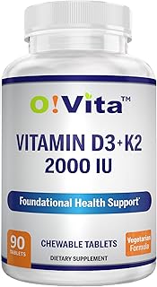 Vitamin D3 + K2 2000IU Chewable for Bone Health Support, 90 Vegetarian chewable Tablets, up to 3-Month Supply