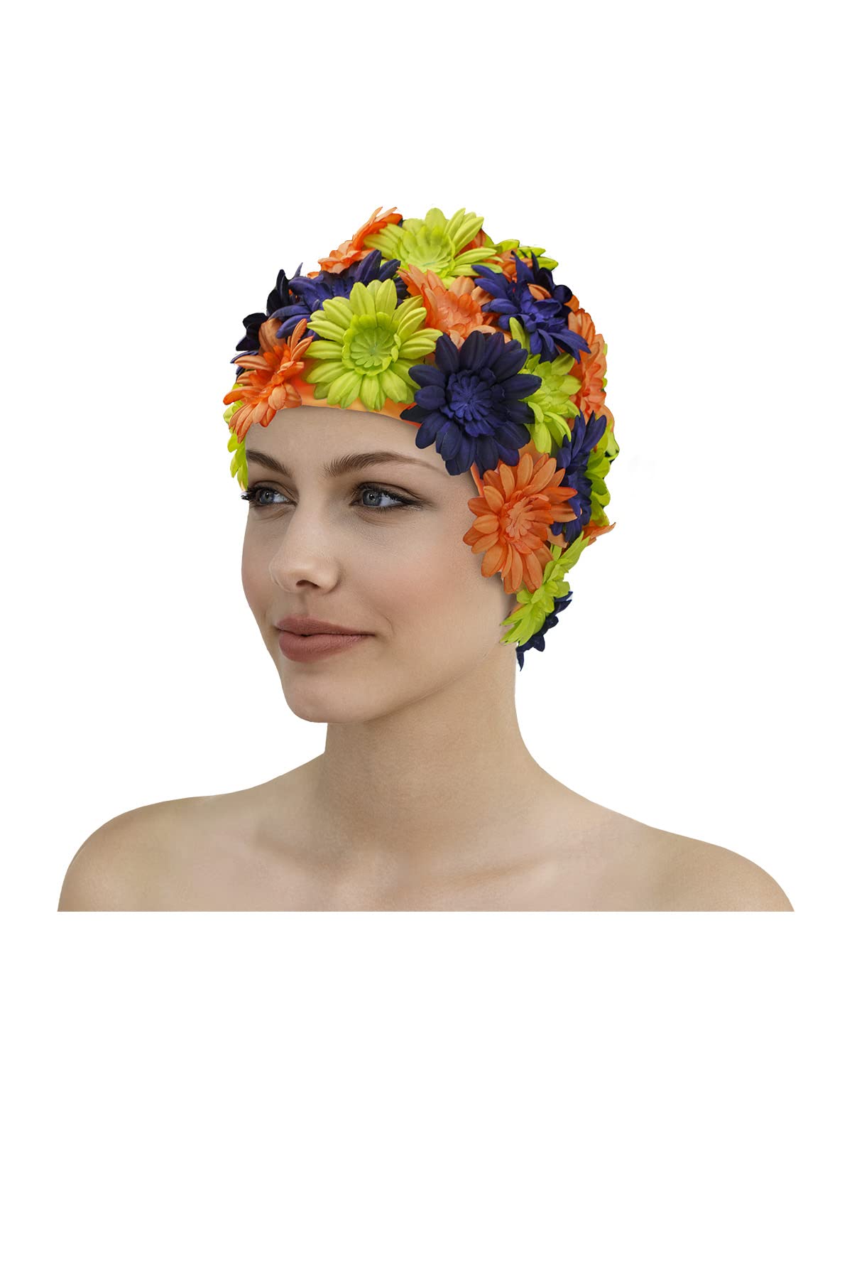 Fashy 3454 Fabric Swimming Cap with Flowers Nylon Orange Blue Green, standard size