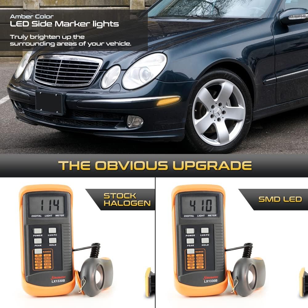 VIPMOTOZ Front Full LED Side Marker Lights Lamps Compatible With 2003-2006 Mercedes Benz W211 E Class E320 E350 E500 E55 AMG Chrome Housing Clear Lens 6000K Diamond White 2-Pieces Pair Set
