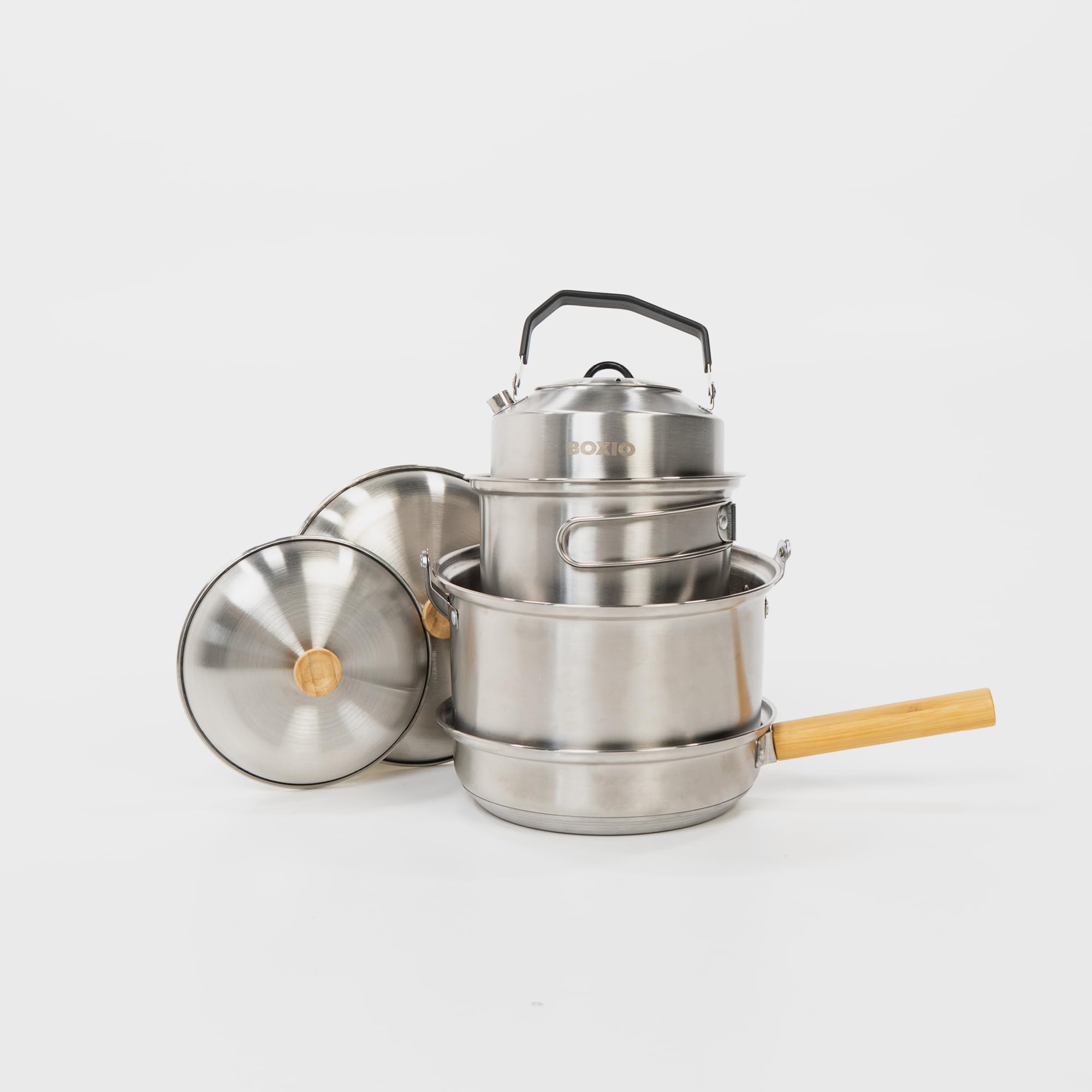 BOXIO - Cookware : poêle de camping et casseroles en acier inoxydable Vaisselle de camping avec poêle, bouilloire et casseroles idéales pour la cuisine de camping, le réchaud à gaz ou le réchaud de