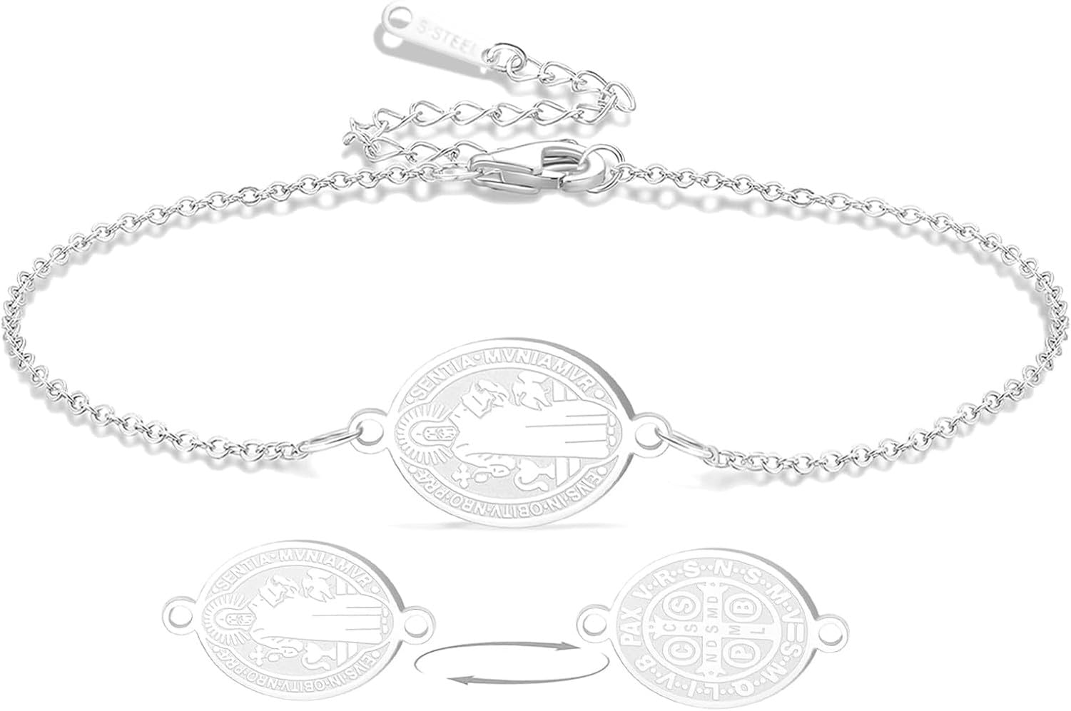 Wuufake Saint Benedict Medal Bracelet Adjustable String Catholic Rosary Exorcism Protection Christian Religious Jewelry Gifts for Women Men, Silver1