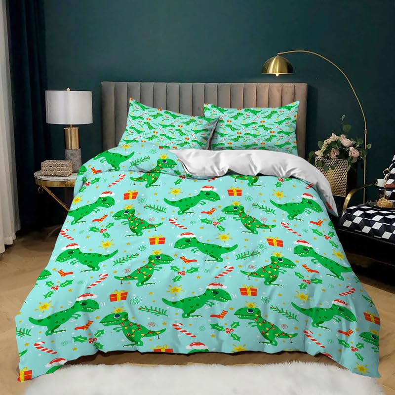 Housse de Couette 220x240 Dinosaures de Noël avec 2 Taies d'oreiller