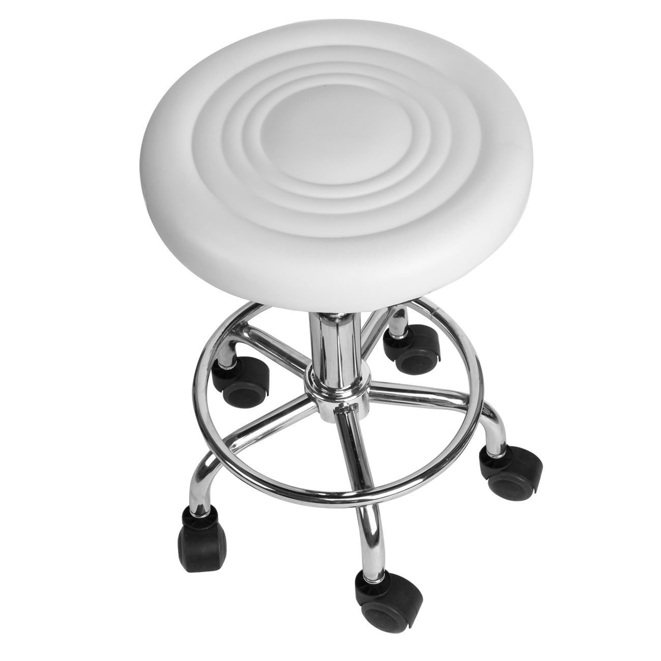 Taburete Giratorio con Ruedas para Peluquería, Asiento de Material Cuero Sintético Grueso y Suave,DZ15-Plus (Blanco)