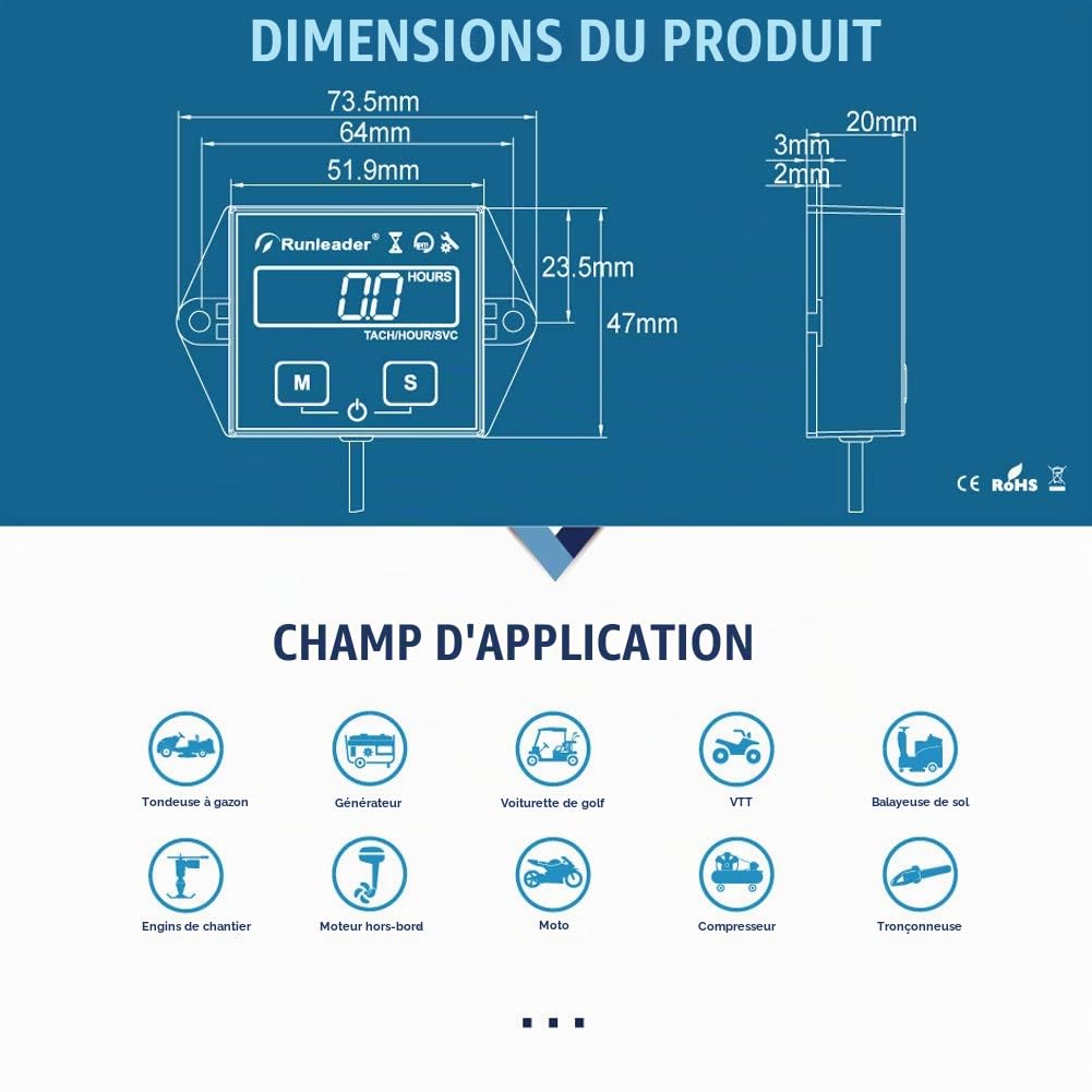 Compteur horaire du moteur rétro-éclairage Tachymètre inductif Compteurs d'heures Tacho numérique Rappel d'entretien pour moto Planeur marin ATV Souffleuse à neige Tondeuse à gazon jet ski pit