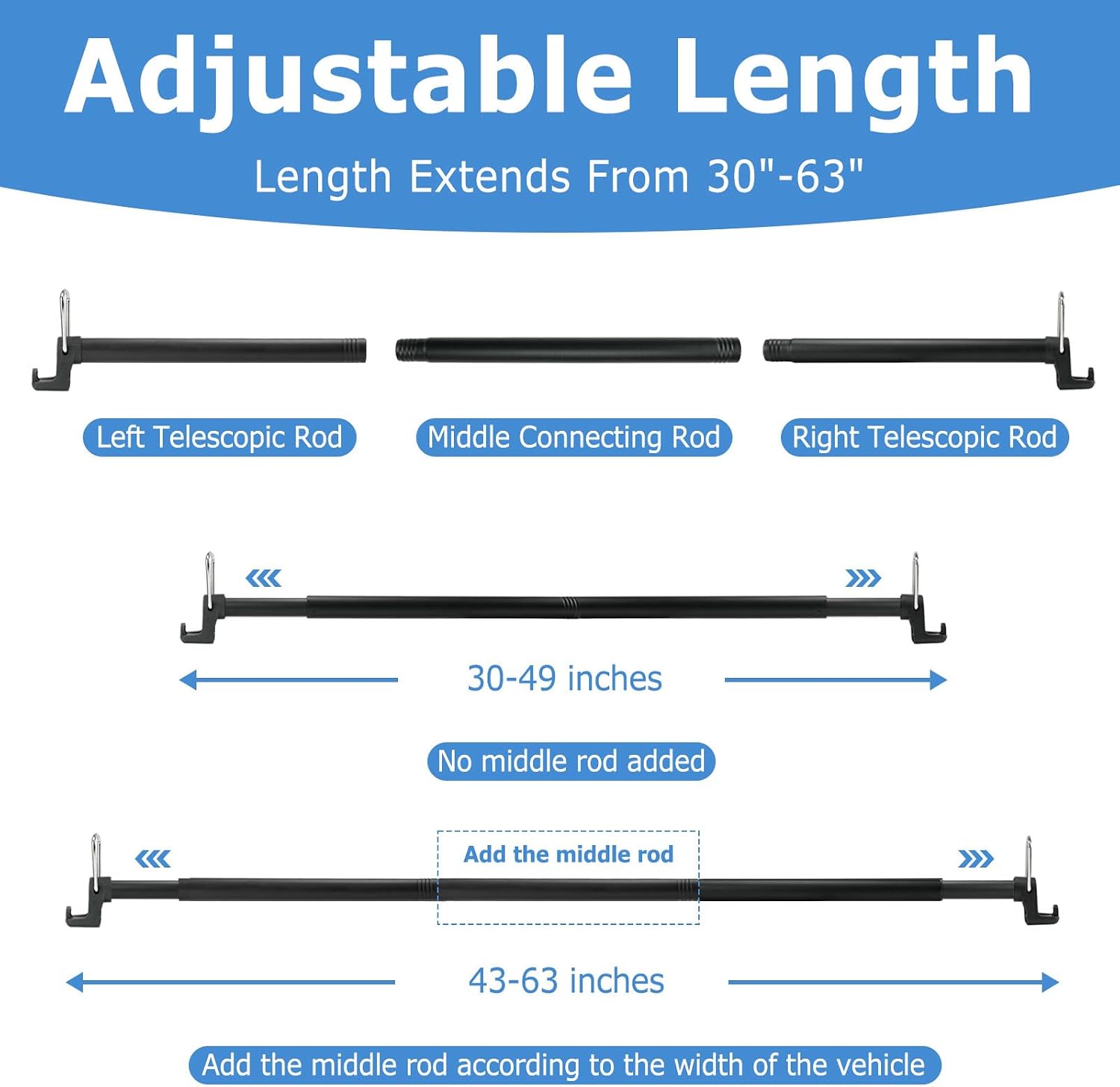 Heavy Duty Car Clothes Hanger Bar 30-63 Inch Clothes Rack Telescopic for Car Van Truck SUV Black