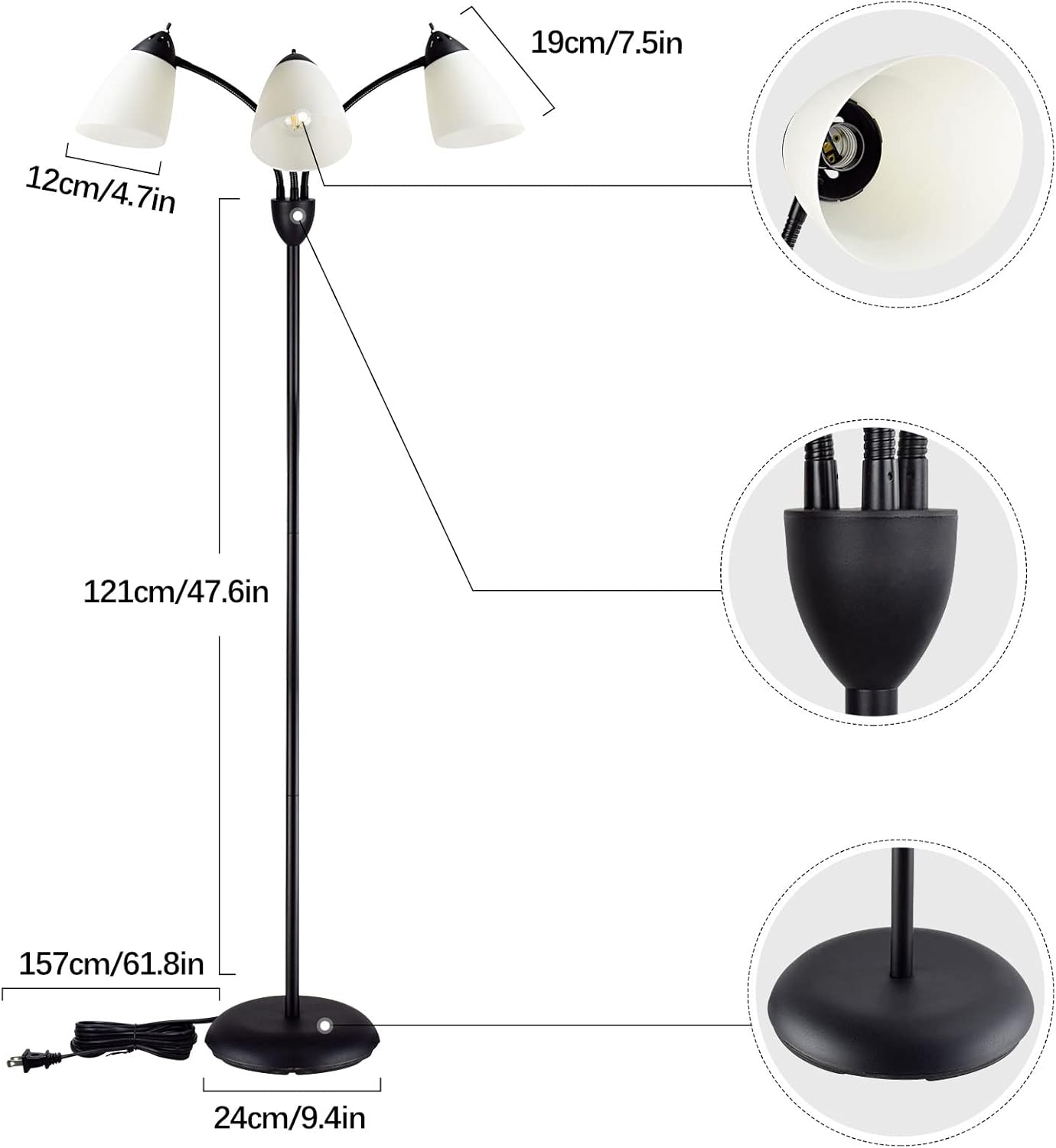 Close-up image demonstrating the 360-degree flexibility of the gooseneck arms on the floor lamp.