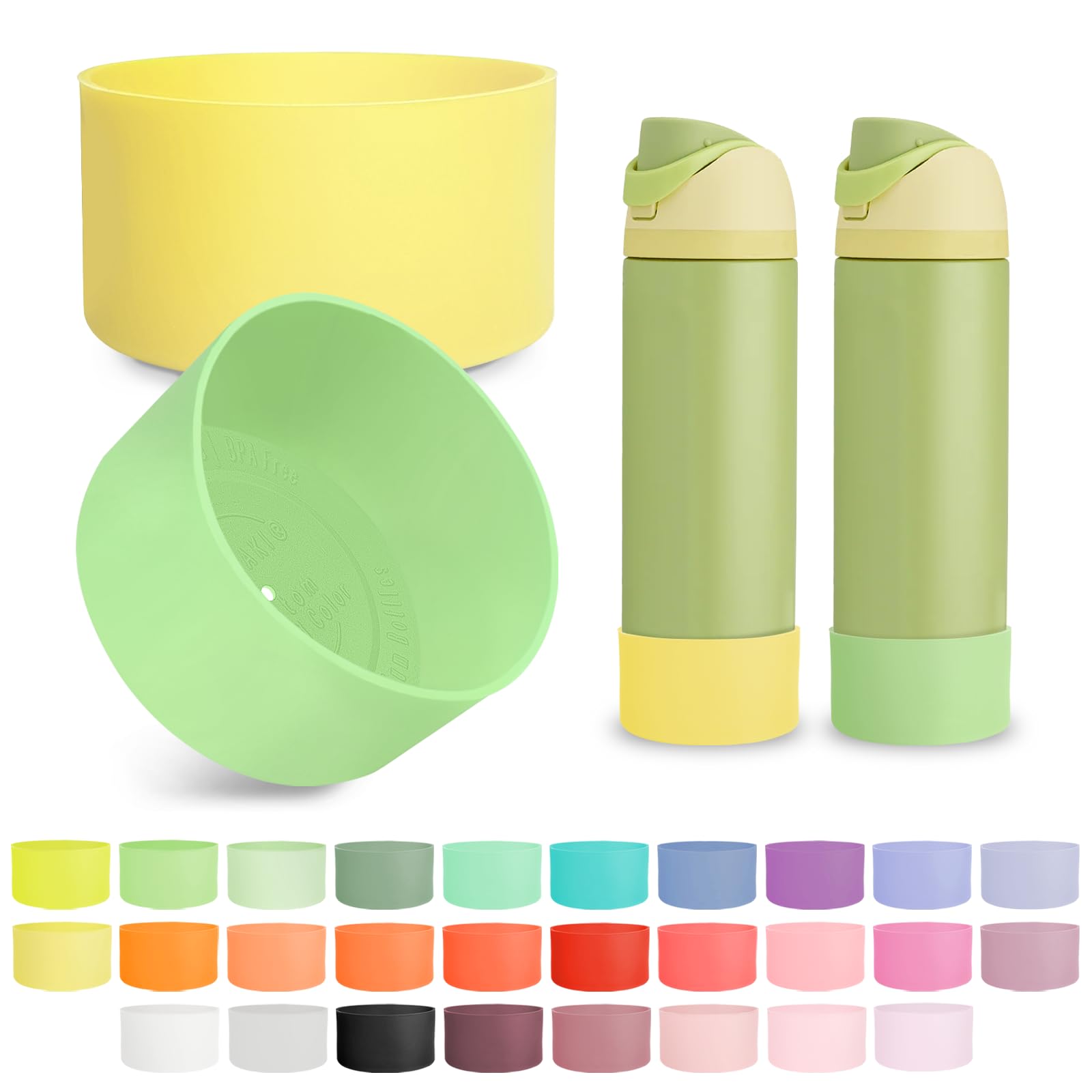Kaitiaki 2PCS Silicone Boot for Owala 24oz FreeSip Water Bottle, Anti-Slip Scratch-Resistant Bottom Sleeve, Protective Sports Bottles Accessories, BPA-Free (KeyLime+Sunny Yuzu)