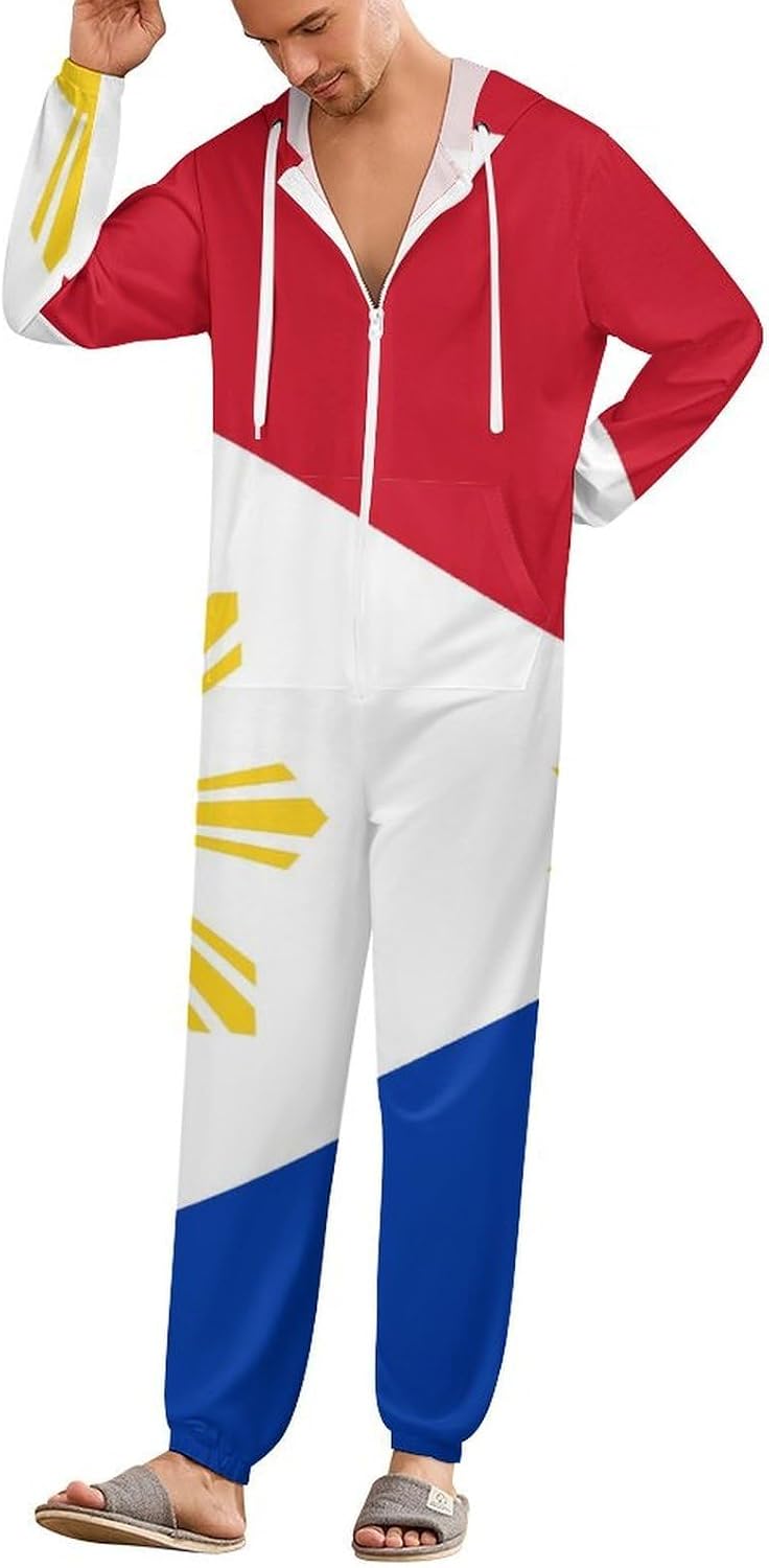 Philippines Flag Adult Pajamas Onesie with Hood Pocket Jumpsuits One Piece Sleepwear