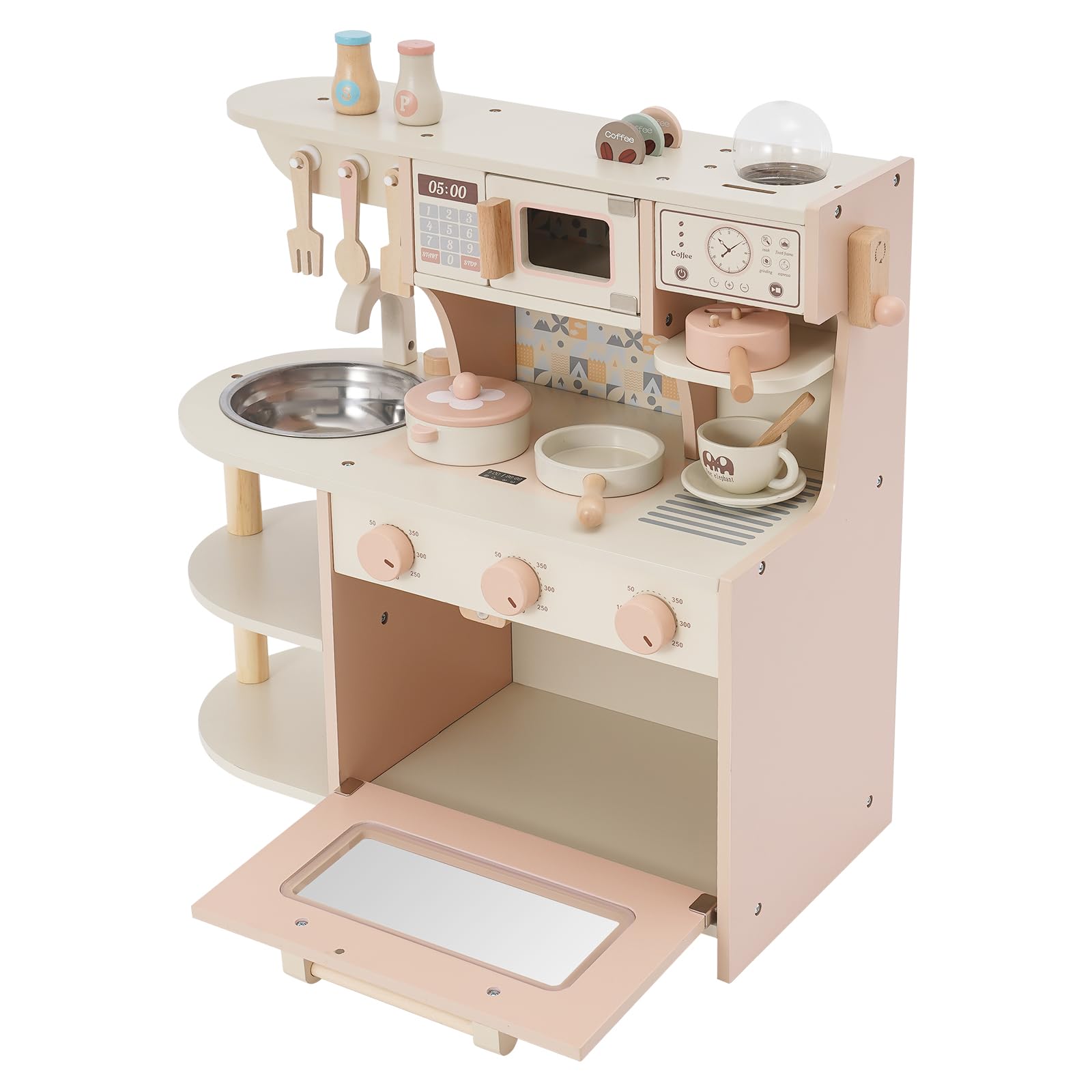 Cocina de juguete de madera para niños con estufa y cafetera, juguete de madera no tóxico, juego de rol compacto para niños pequeños juegos de rol en casa