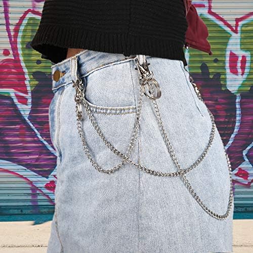 AIEX 3Pcs Chain Belt Set, Pocket Chain Wallet Chain Silver Keychain with Two Lobster Key Clasps and Two Key Rings for Clothing Match Belt Loop Purse Handbag (32cm, 48cm, 52cm)