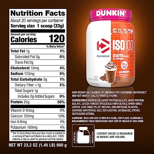 Image of Dymatize x Dunkin' Mocha Latte ISO100 Whey Protein Powder, 95mg Caffeine, 25g of Protein, 20 Servings, 5.5g BCAAs, 120 Cal., Gluten Free, 1g Fat, 1g Sugar, 3g Carb