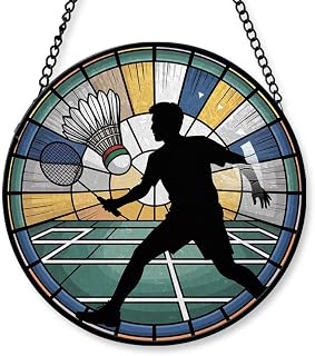 A Man Playing Badminton Racket & Shuttle Stained Glass Suncatcher Window Hanging – Customizable Window Hanging Gift for Christmas 2025, Perfect for Athletes, Sports Fans, Friends or Couples RRV4Qc
