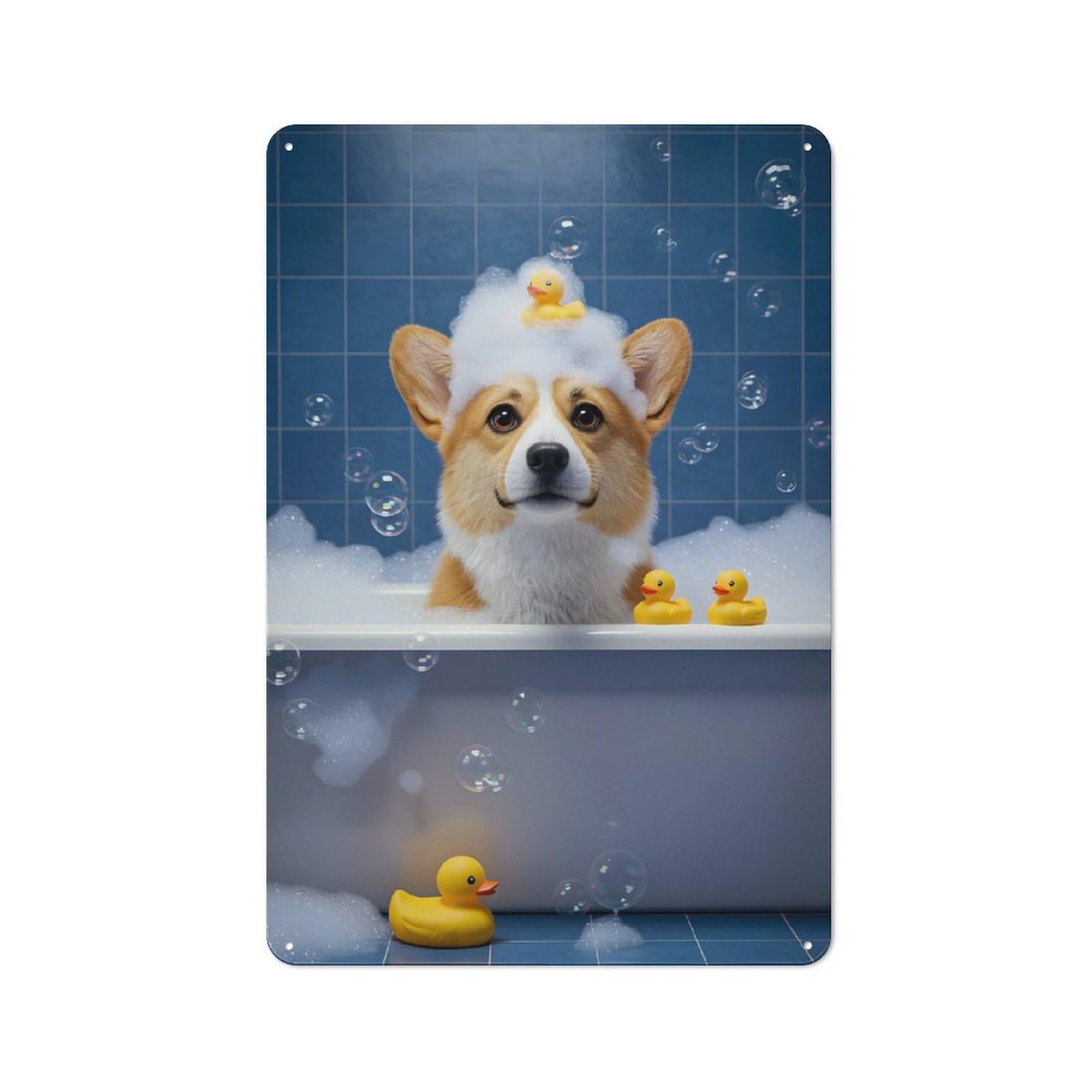 Junmoney Corgi In Bubble Bath With Ducks Metal Plaque 30X20cm With For Pub Or Café, Rustic Decor, For Pub Decor Enthusiasts