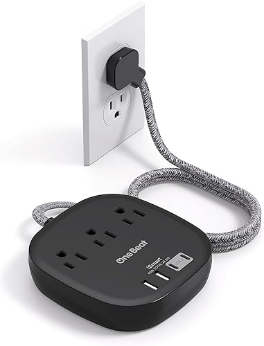 Miniatura 8 de Regleta de alimentación de enchufe plano de 10 pies, cable de extensión plano ultrafino, 3 tomas, 4 puertos USB (2 USB C), estación de carga de