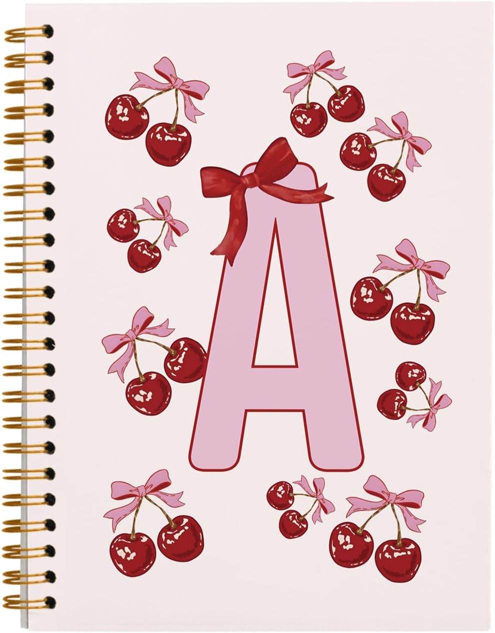 Rusenbao Personalized Cute Cherry Notebook Journal, Custom Initial Coquette Pink Bow Notebook for School Women Girls, Customized Gifts, Monogrammed Gifts for Women, Spiral Notebook 5.5 x 8.3(Letter A)