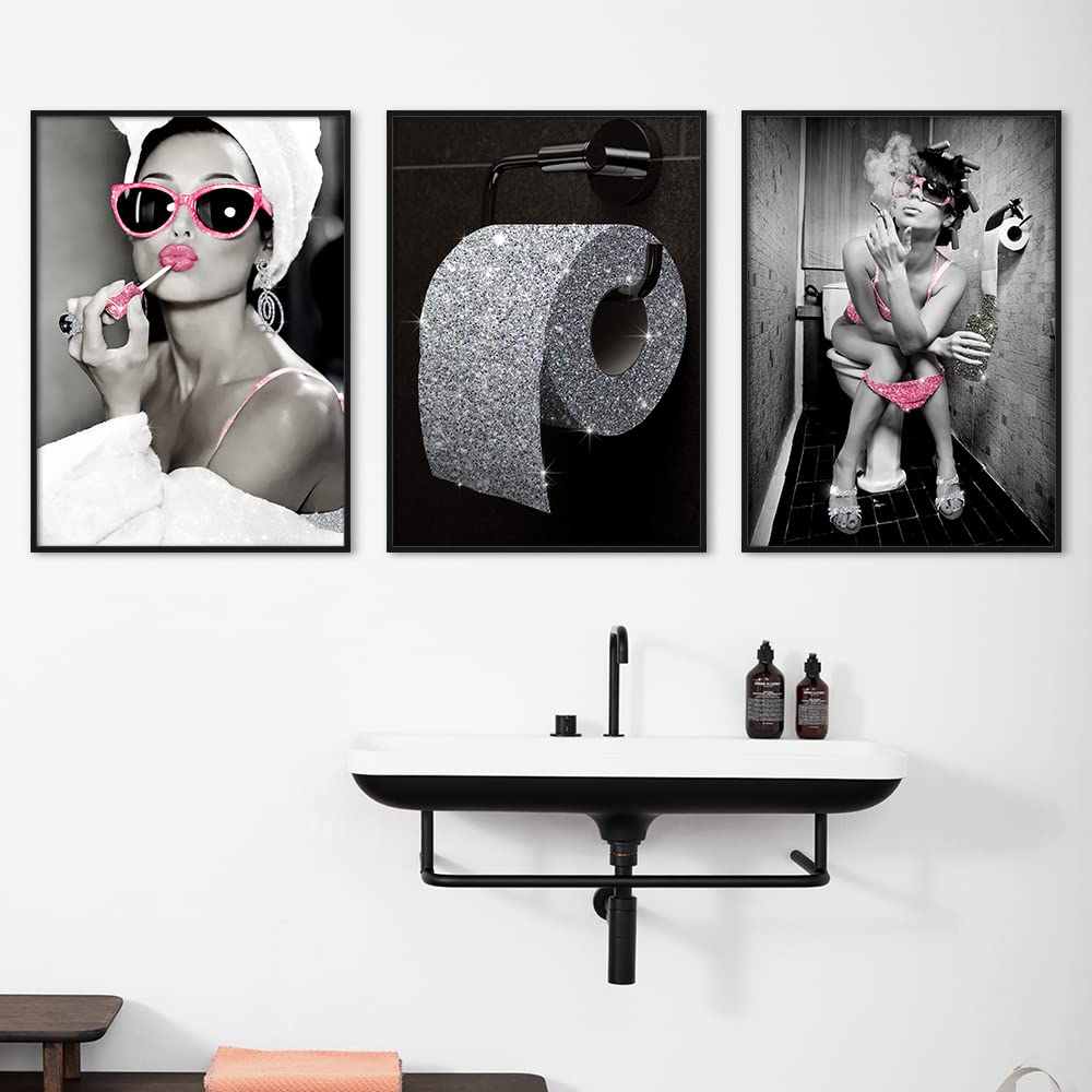 Youihom 3 Laminas Mujer Sexy Blanco y Negro Cuadro Decoración Aseo Póster Cuarto de Baño Moderno Impresión sobre Lienzo Moda Dormitorio Adulto 30 x 40 sin Marco