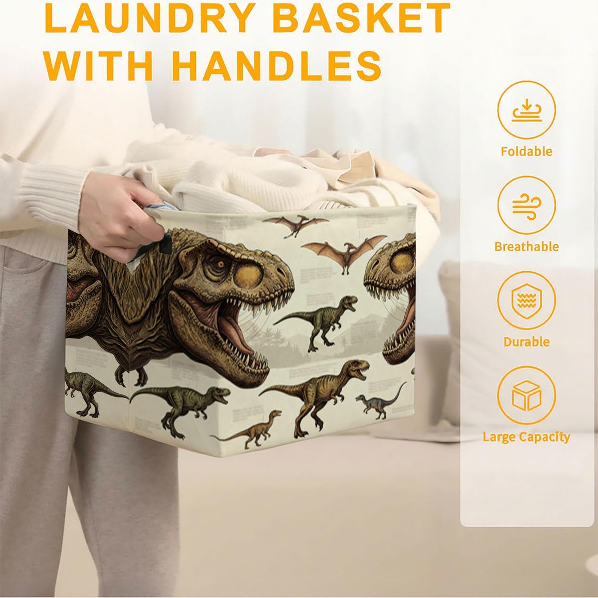 56L Dinosaur Laundry Basket Dirty Clothes Hamper with Handles,Foldable Blanket Storage Large Laundry Hamper with Waterproof,Toy Storage Bin Organizer,Clothes Organizer,Home Decor Gift
