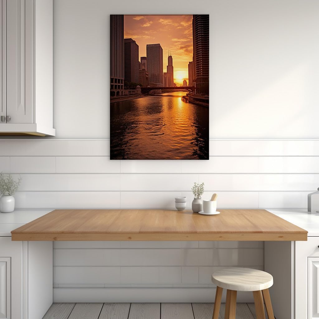 Canvas for Living room. Sunset Serenity Above the Urban Flow: Cityscape Brilliance at Dusk, 27 x 18 inch Canvas Wall Art - Ready to Hang