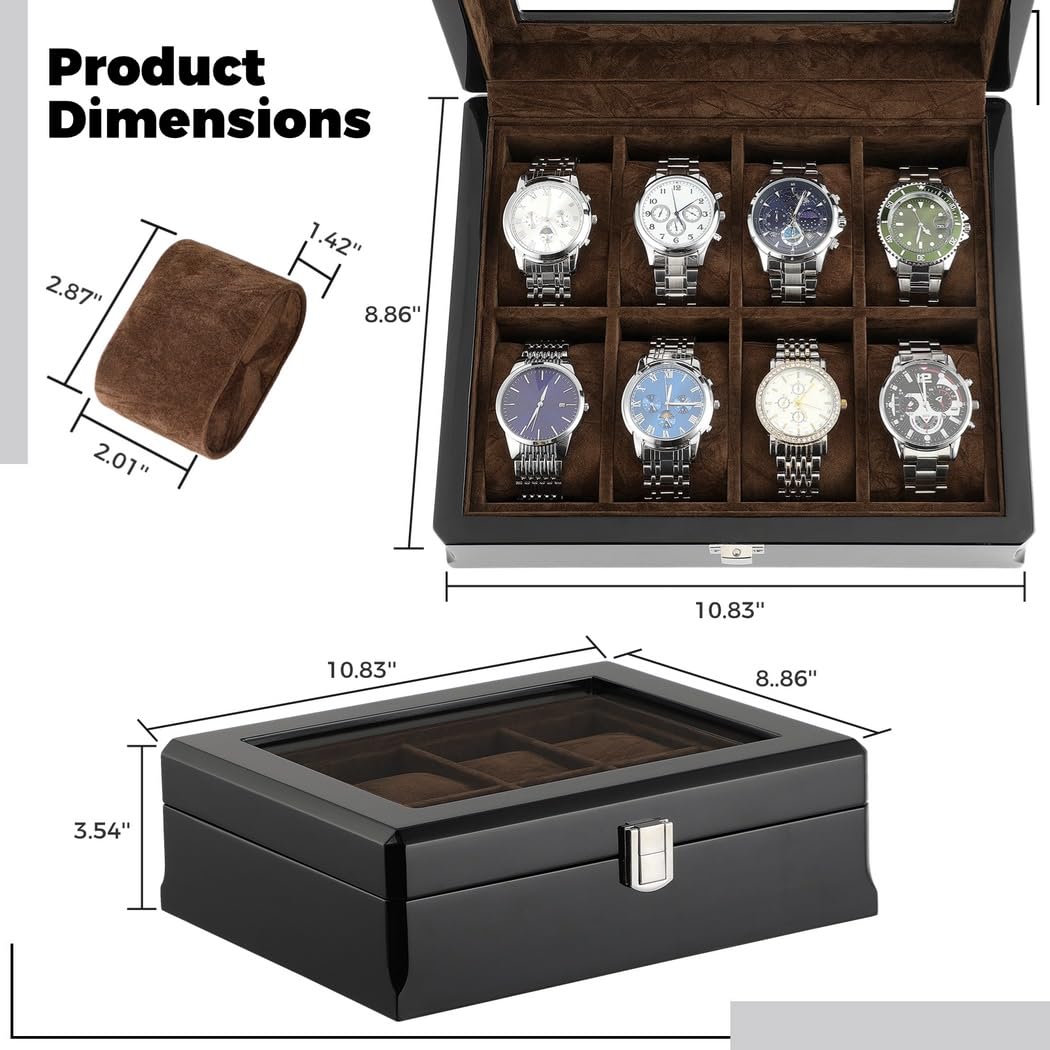 Organizador de relojes de madera, caja de reloj para hombre de 8 ranuras con parte superior de cristal, vitrina de madera con acabado lacado brillante, caja de regalo de reloj para hombres