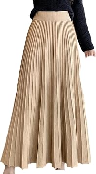 OLEETS Womens Knitted Skirt - Knit Skirt Women Autumn Winter Korean Style Elegant A-Line High Waist Pleated Long Ski