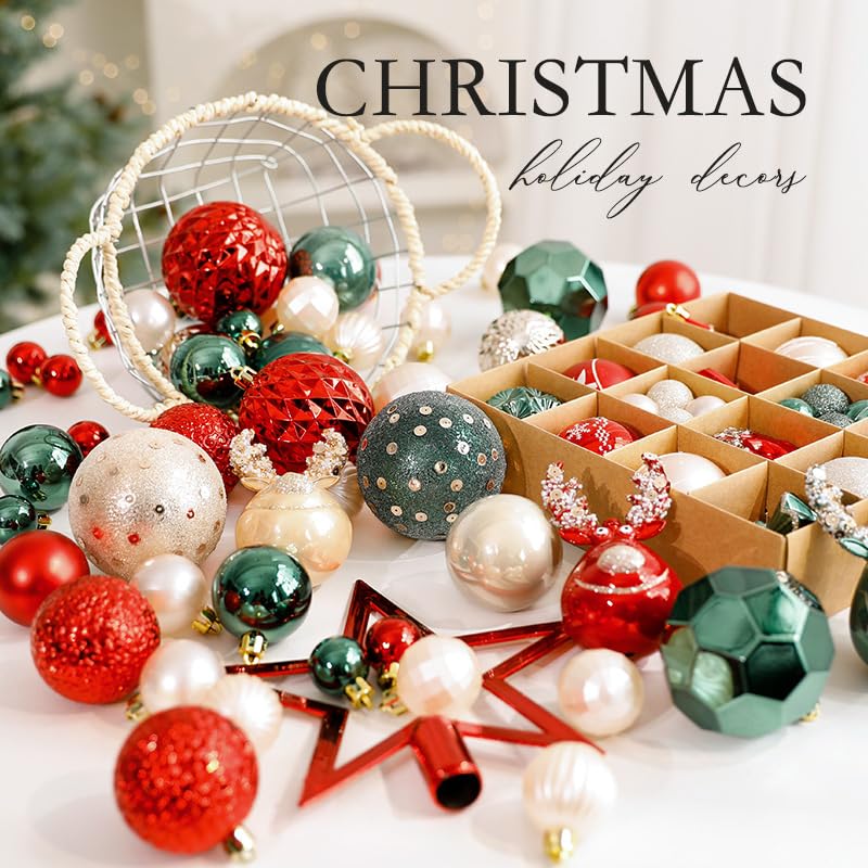 Decorazioni dell'albero di Natale, Set di ornamenti della sfera di Natale,degli ornamenti di Natale Balls Shatterproof Hanging Ornaments Kit (32Set rossi e verdi)