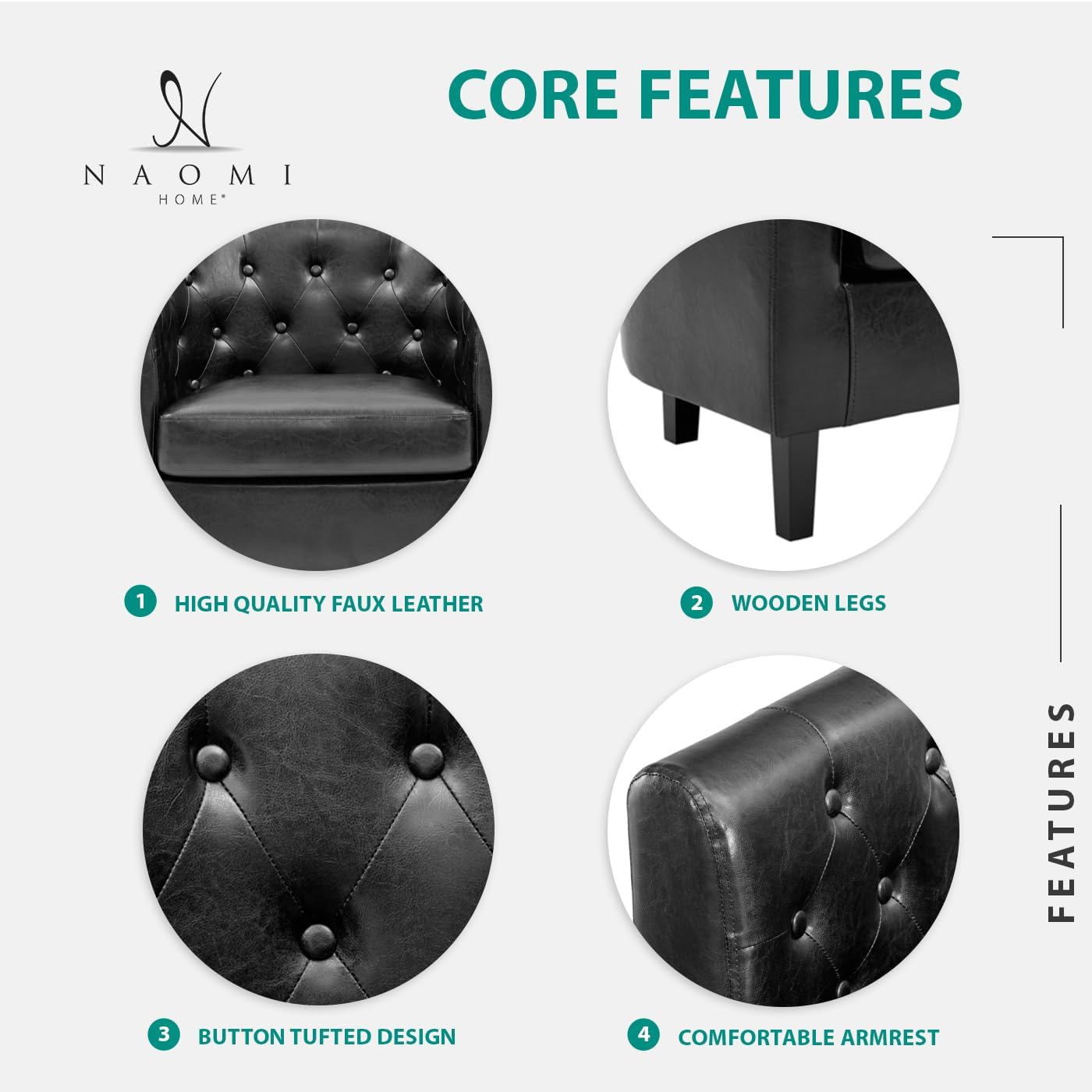 Naomi Home Emma Faux Leather Barrel Accent Chair – Modern Tufted Faux Leather Armchair with Wooden Legs, Wide Seat, Enhanced Back Support for Living Room Décor