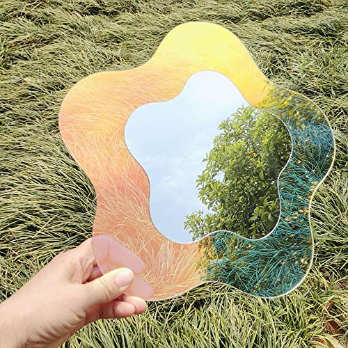 Irregular Wavy Aesthetic Vanity Funky Desk Mirror, Decorative Tabletop Acrylic Mirrors Frameless With Wooden Stand For Living Room Bedroom Office And Home Decor Mirrors (Flower Shape) #TOP6
